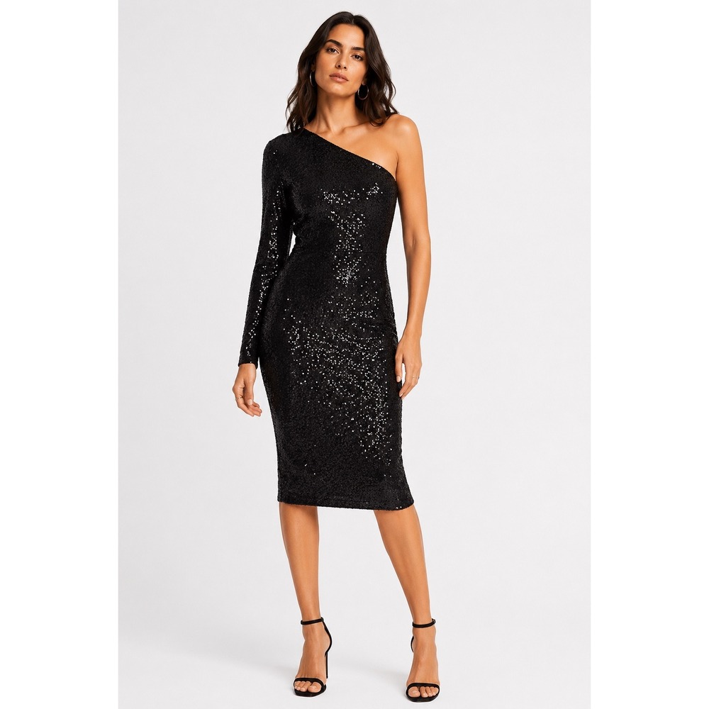 Dress The Population Women Black Sequin One Shoulder Midi Dress Medium Glam